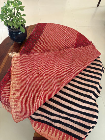 Linen Ajrakh Handblock printed saree