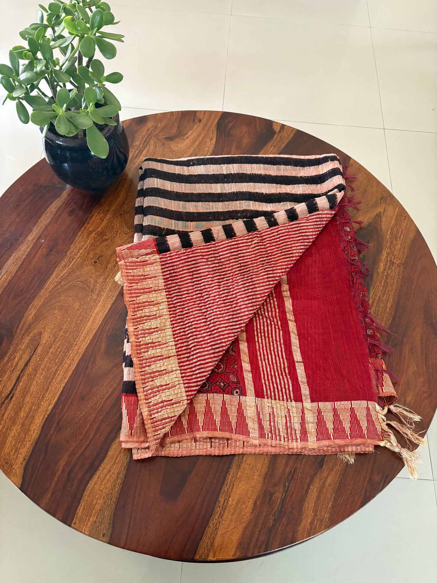 Linen Ajrakh Handblock printed saree