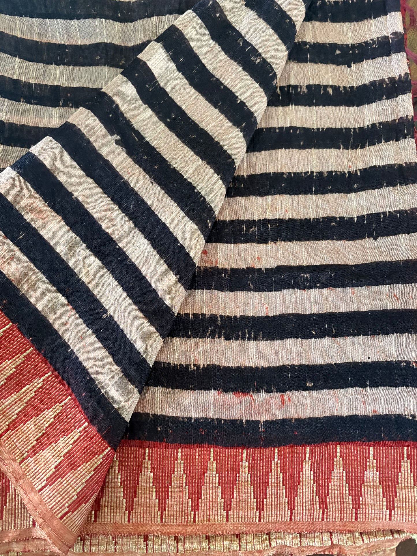 Linen Ajrakh Handblock printed saree