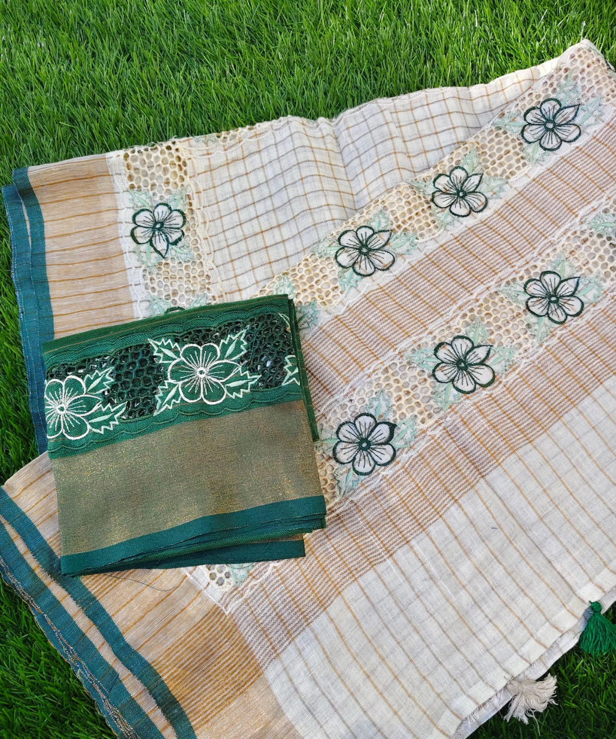 Hand loom cut work linen saree