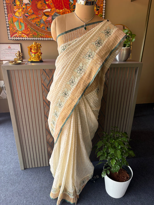 Hand loom cut work linen saree