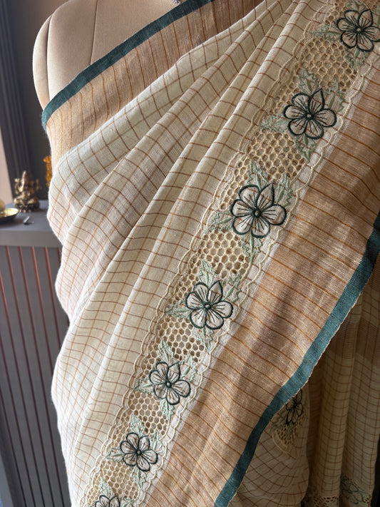 Hand loom cut work linen saree