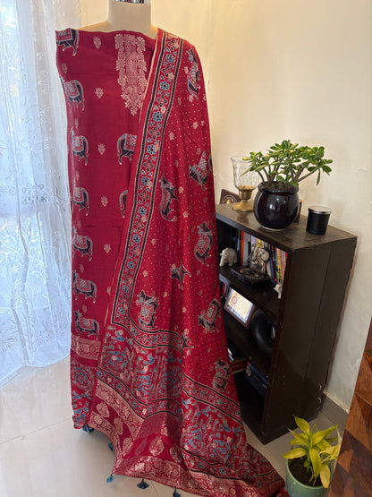 Ajrakh Dola silk top and dupatta set