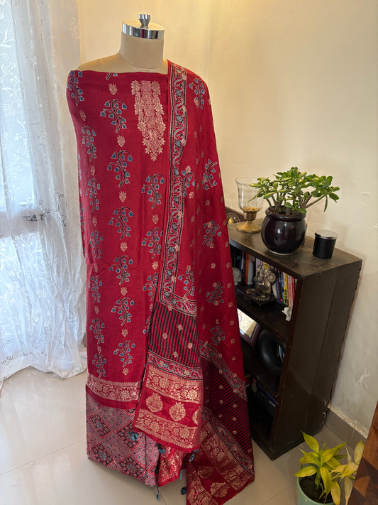 Ajrakh Dola silk top and dupatta set