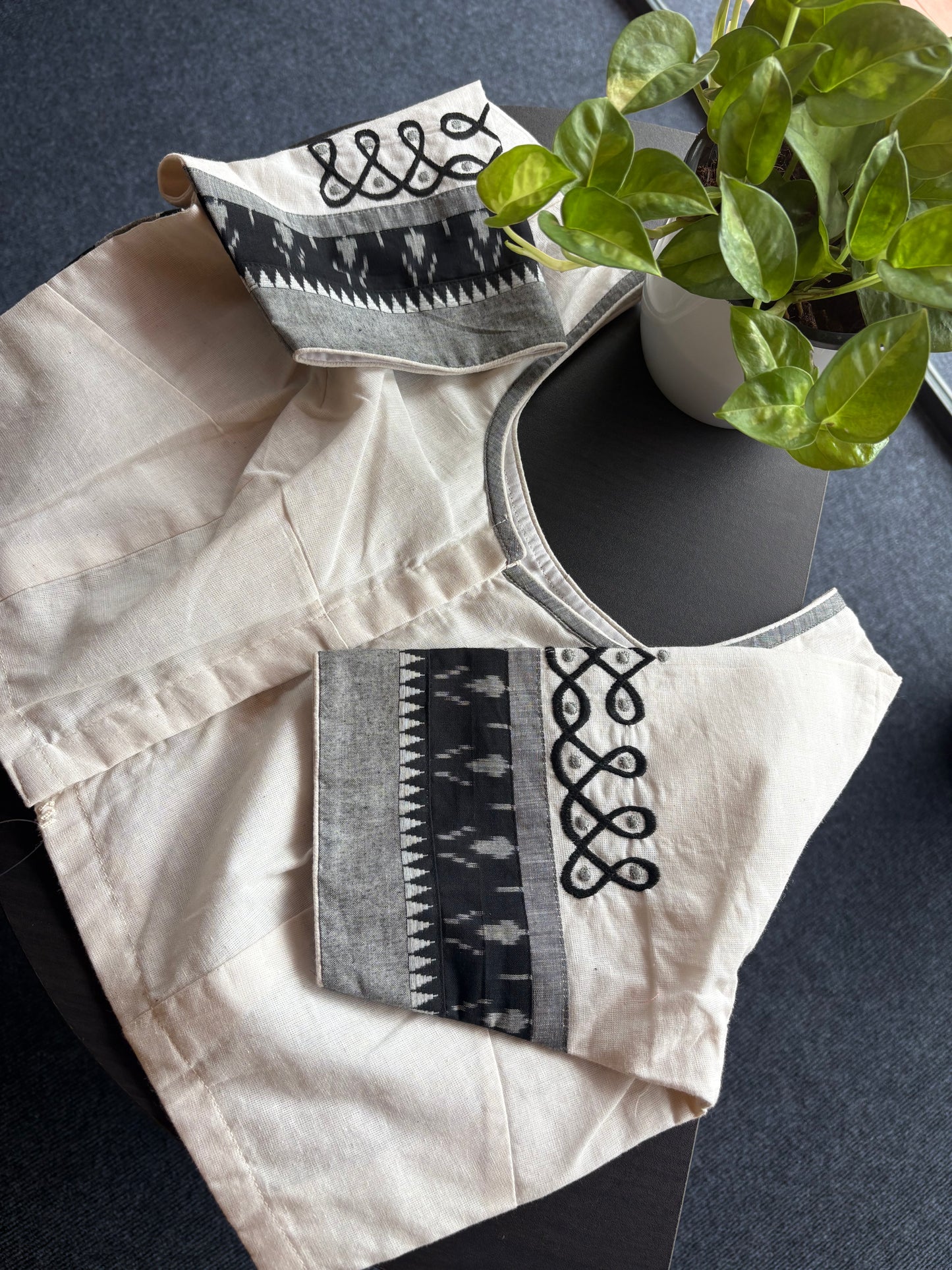 Ikat patch and embroidery  cotton blouse