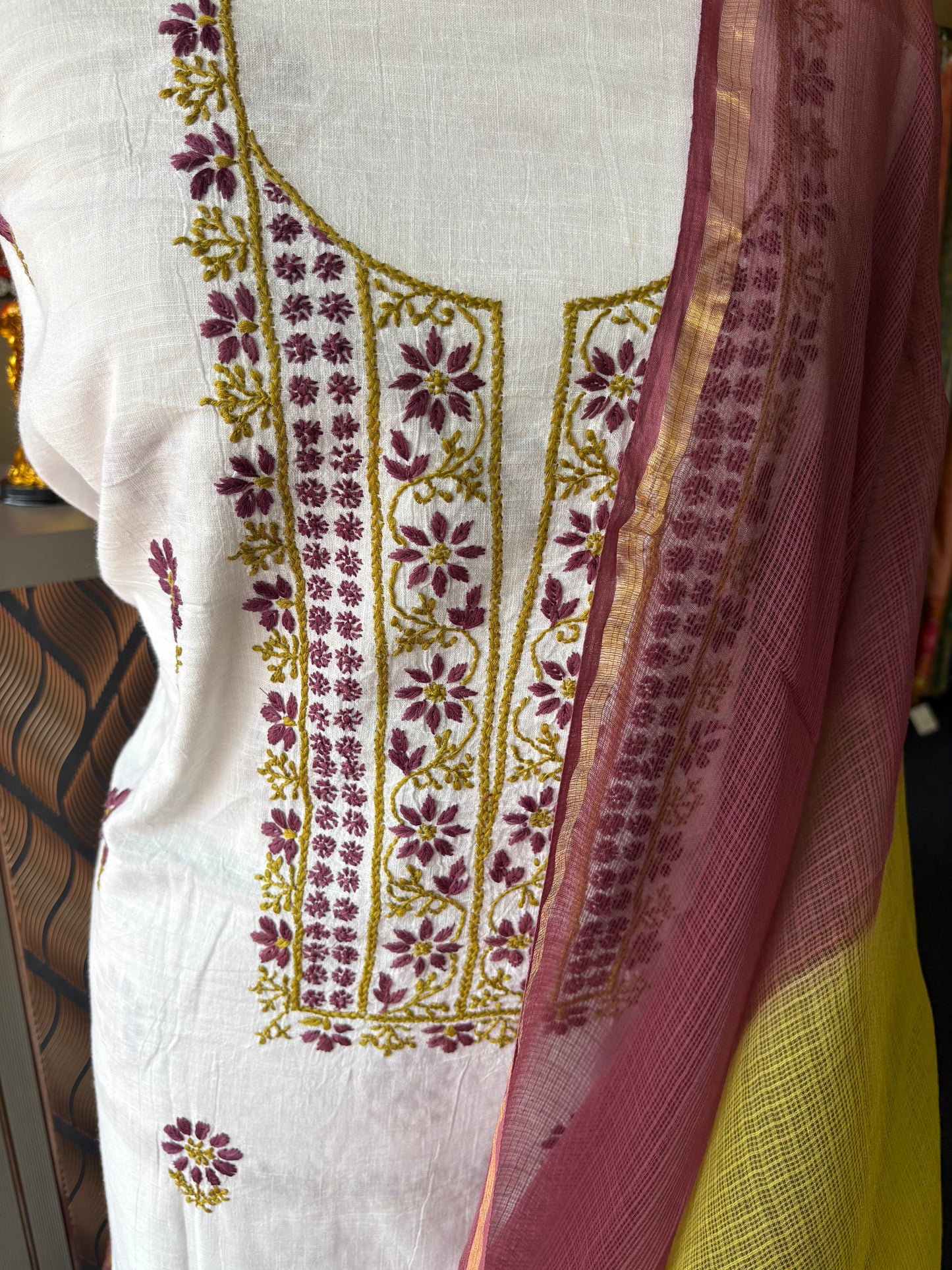 White Chikankari suit with double shade dupatta