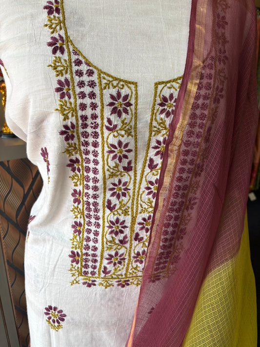 White Chikankari suit with double shade dupatta