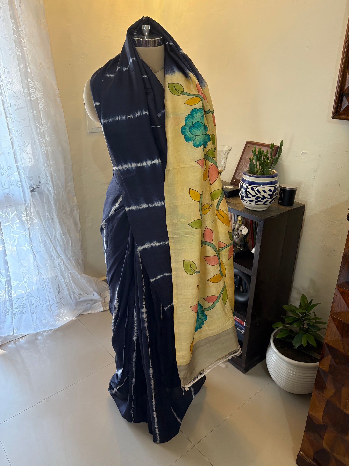 Bishnupuri pure 3 ply silk Shibori saree with Kalamkari print blouse and pallu