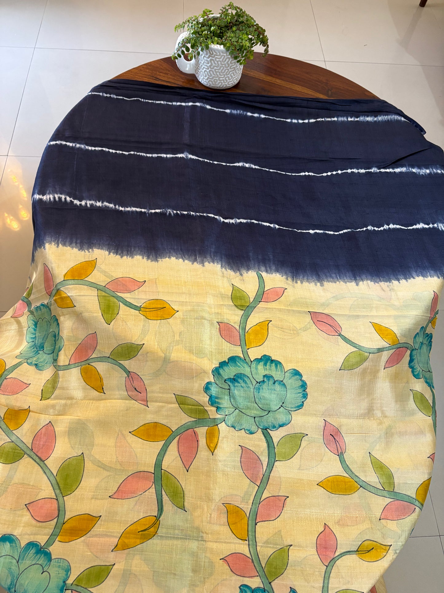 Bishnupuri pure 3 ply silk Shibori saree with Kalamkari print blouse and pallu