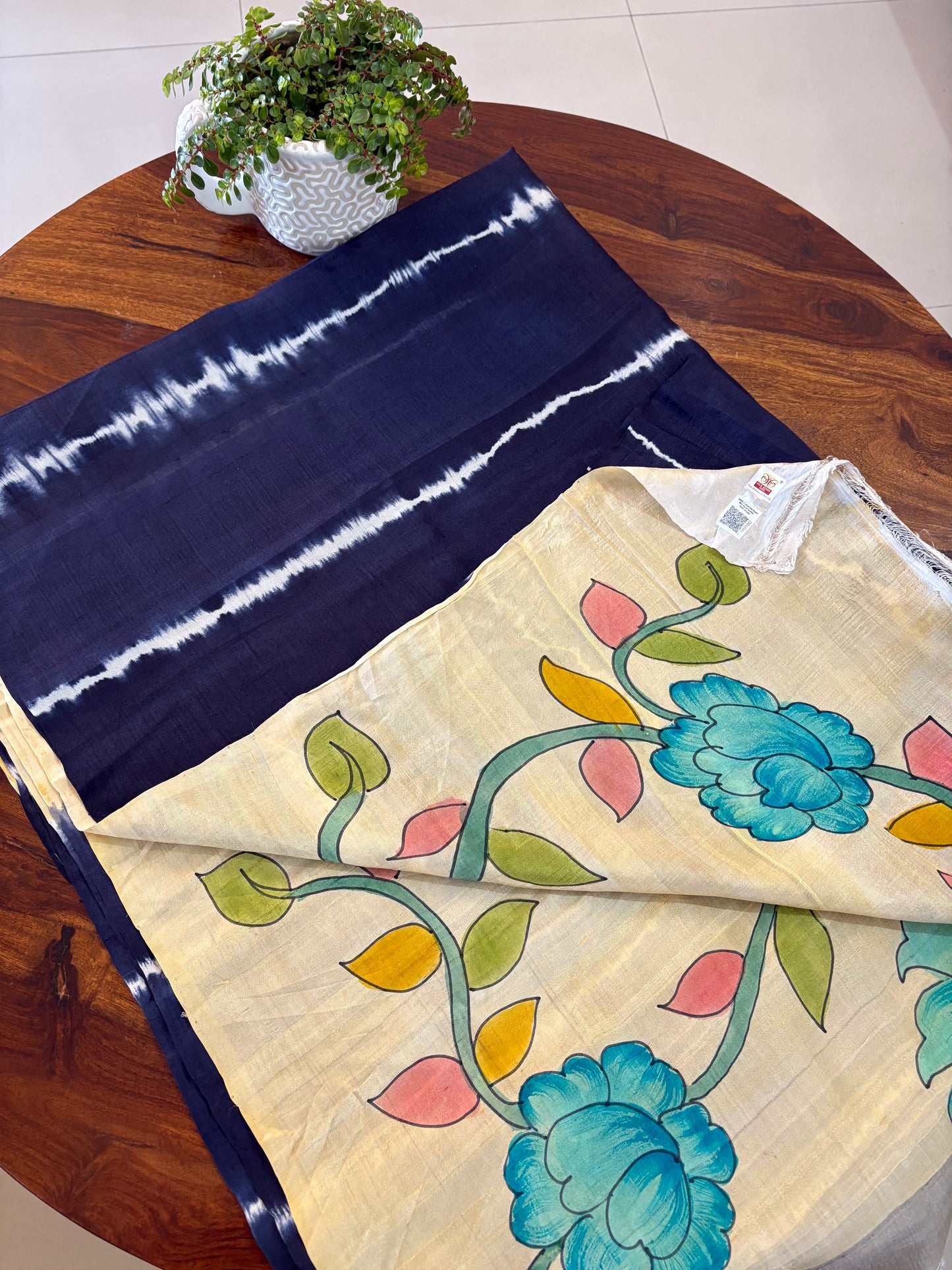 Bishnupuri pure 3 ply silk Shibori saree with Kalamkari print blouse and pallu