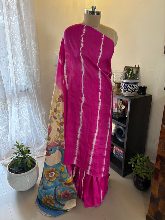 Bishnupuri pure 3 ply silk Shibori saree with Kalamkari print blouse and pallu