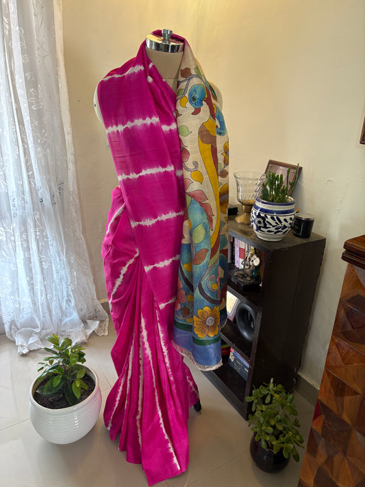 Bishnupuri pure 3 ply silk Shibori saree with Kalamkari print blouse and pallu