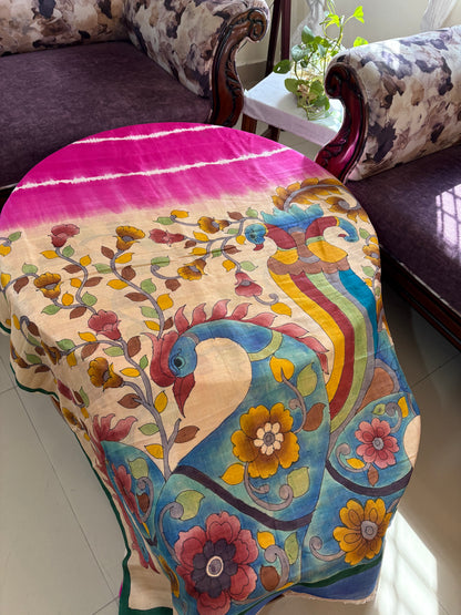 Bishnupuri pure 3 ply silk Shibori saree with Kalamkari print blouse and pallu