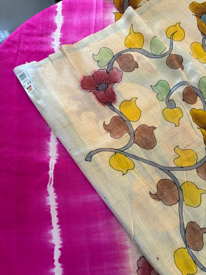 Bishnupuri pure 3 ply silk Shibori saree with Kalamkari print blouse and pallu
