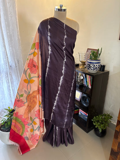 Bishnupuri pure 3 ply silk Shibori saree with Kalamkari print blouse and pallu