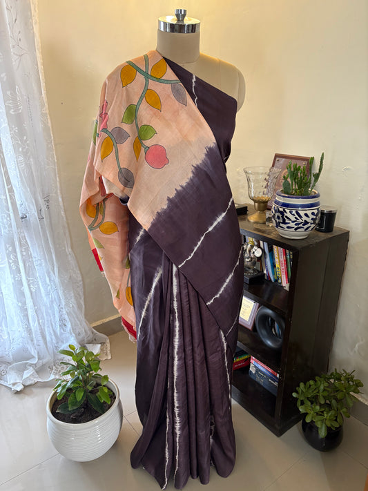Bishnupuri pure 3 ply silk Shibori saree with Kalamkari print blouse and pallu