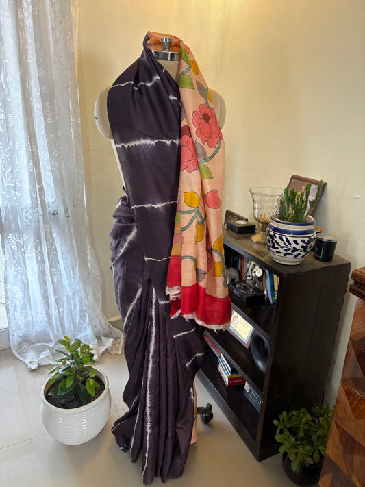 Bishnupuri pure 3 ply silk Shibori saree with Kalamkari print blouse and pallu