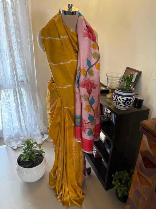 Bishnupuri pure 3 ply silk Shibori saree with Kalamkari print blouse and pallu