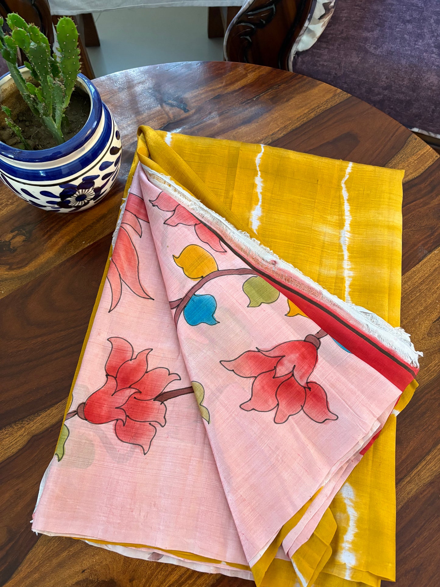 Bishnupuri pure 3 ply silk Shibori saree with Kalamkari print blouse and pallu