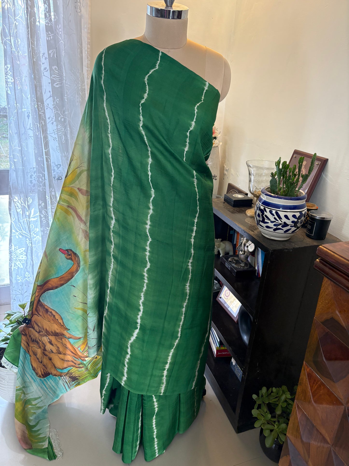 Bishnupuri pure 3ply silk Shibori saree with Kalamkari print blouse and pallu
