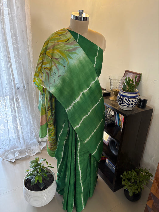 Bishnupuri pure 3ply silk Shibori saree with Kalamkari print blouse and pallu