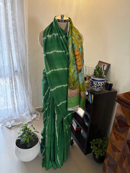 Bishnupuri pure 3ply silk Shibori saree with Kalamkari print blouse and pallu