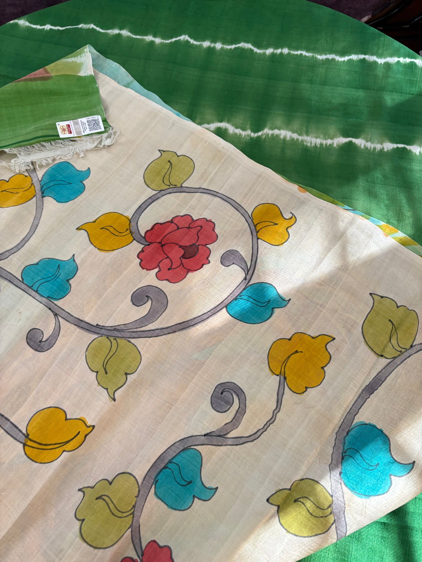 Bishnupuri pure 3ply silk Shibori saree with Kalamkari print blouse and pallu