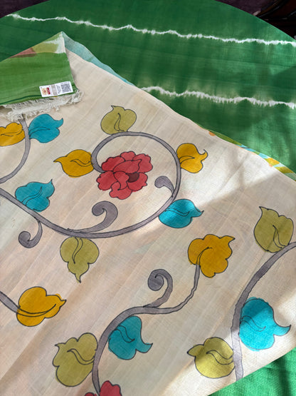Bishnupuri pure 3ply silk Shibori saree with Kalamkari print blouse and pallu