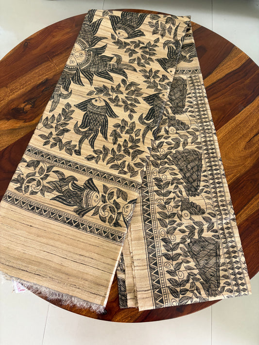 Madhubani Handpainted on Gicha Tussar silk saree