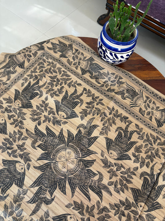 Madhubani Handpainted on Gicha Tussar silk saree