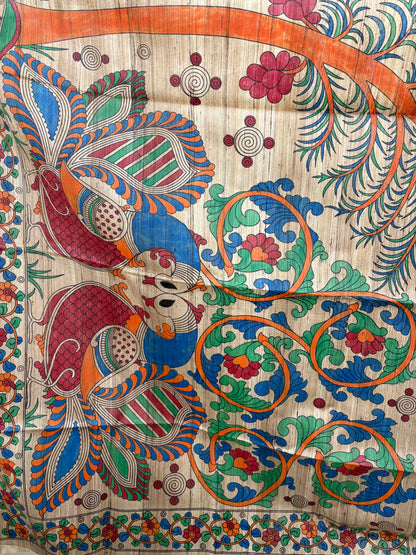 Madhubani handpainted on Gicha tussar silk saree