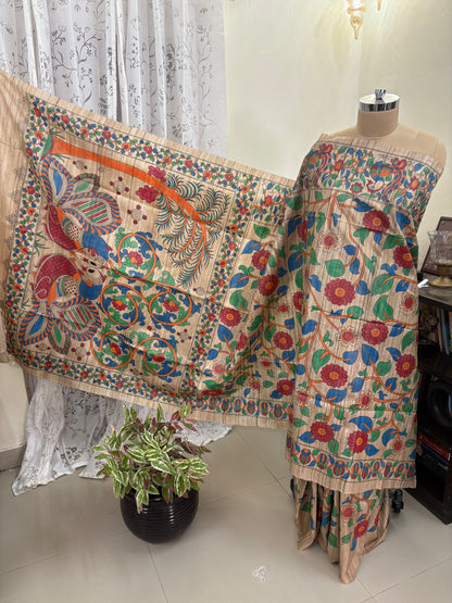 Madhubani handpainted on Gicha tussar silk saree