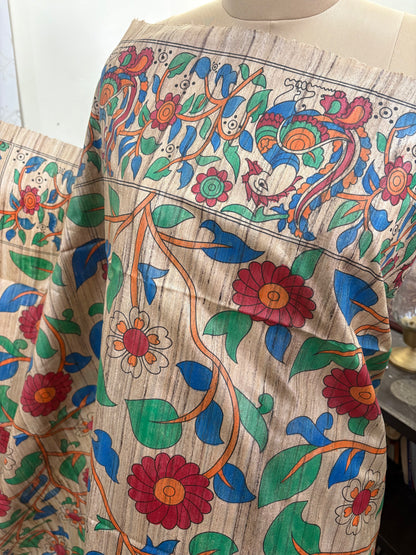 Madhubani handpainted on Gicha tussar silk saree