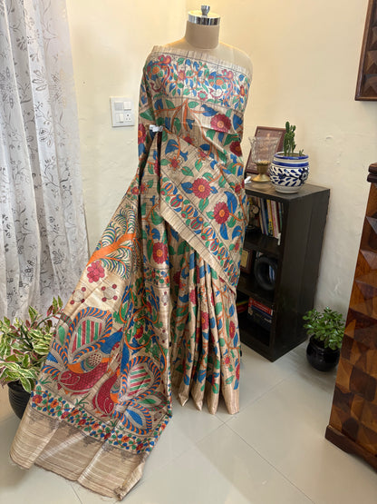 Madhubani handpainted on Gicha tussar silk saree