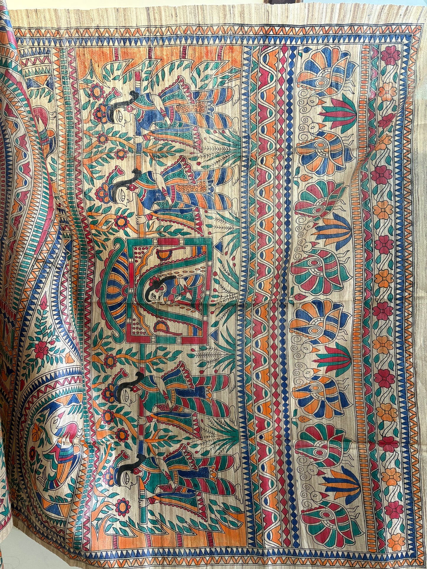 Madhubani hand painted on pure Gicha tussar silk saree