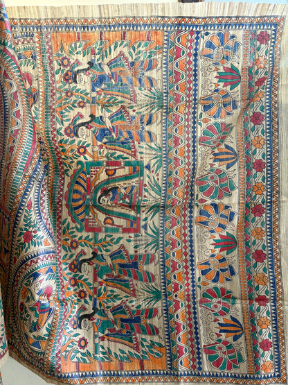 Madhubani hand painted on pure Gicha tussar silk saree