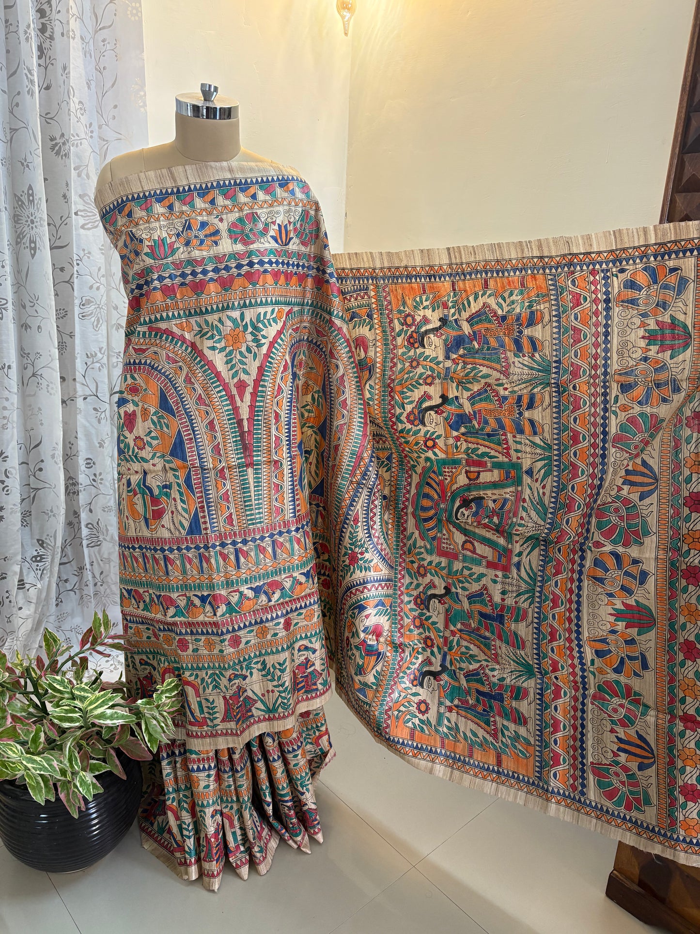 Madhubani hand painted on pure Gicha tussar silk saree