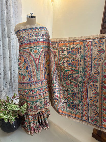 Madhubani hand painted on pure Gicha tussar silk saree