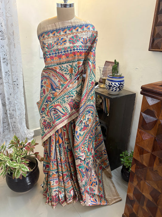 Madhubani hand painted on pure Gicha tussar silk saree