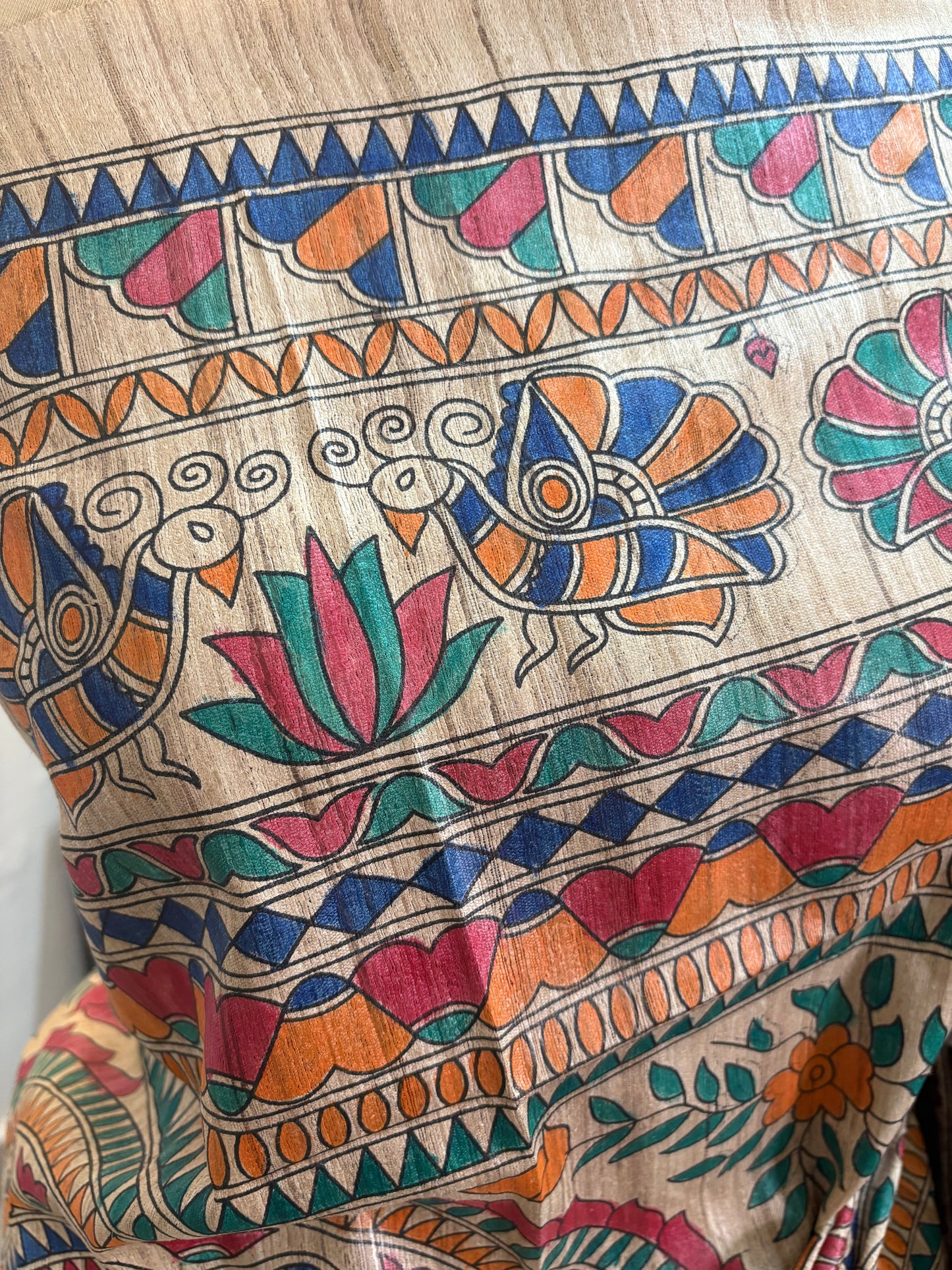 Madhubani hand painted on pure Gicha tussar silk saree