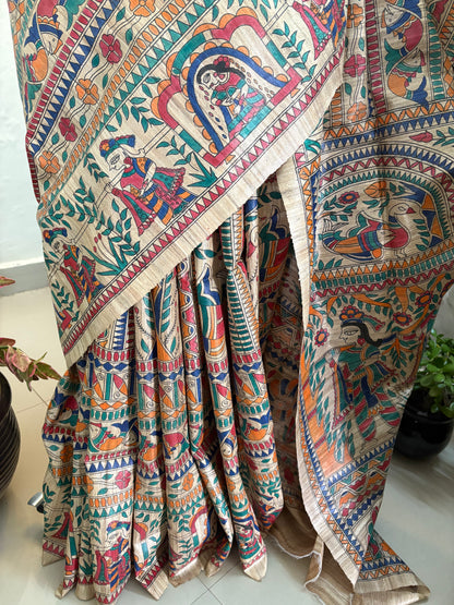 Madhubani hand painted on pure Gicha tussar silk saree