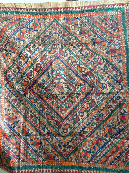 Madhubani hand painted on Gicha tussar silk saree