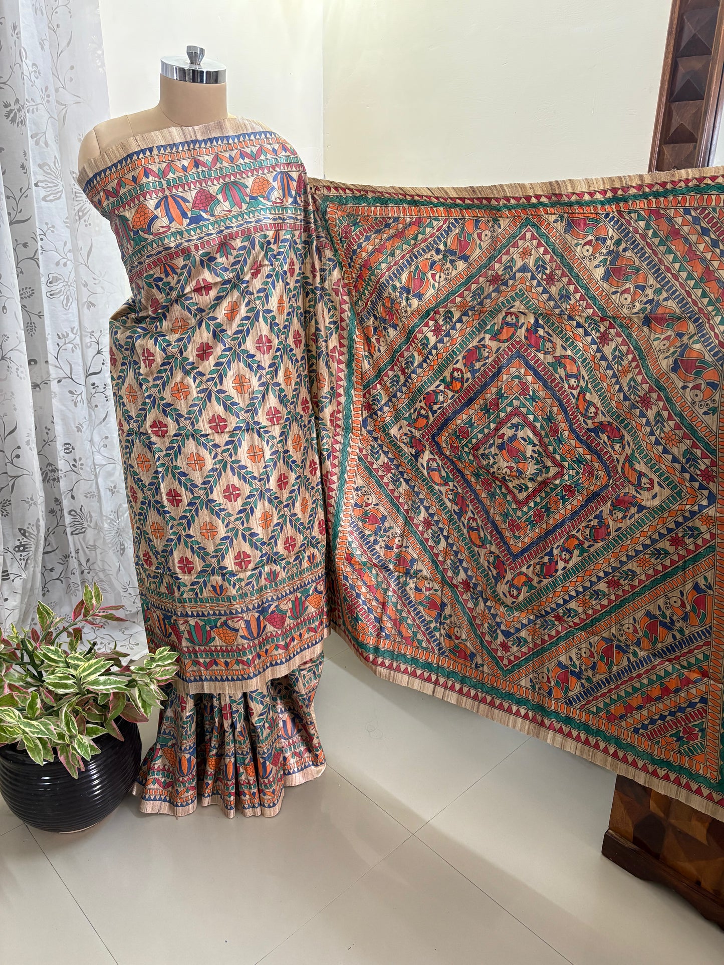 Madhubani hand painted on Gicha tussar silk saree