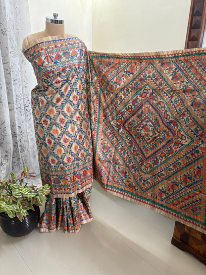 Madhubani hand painted on Gicha tussar silk saree
