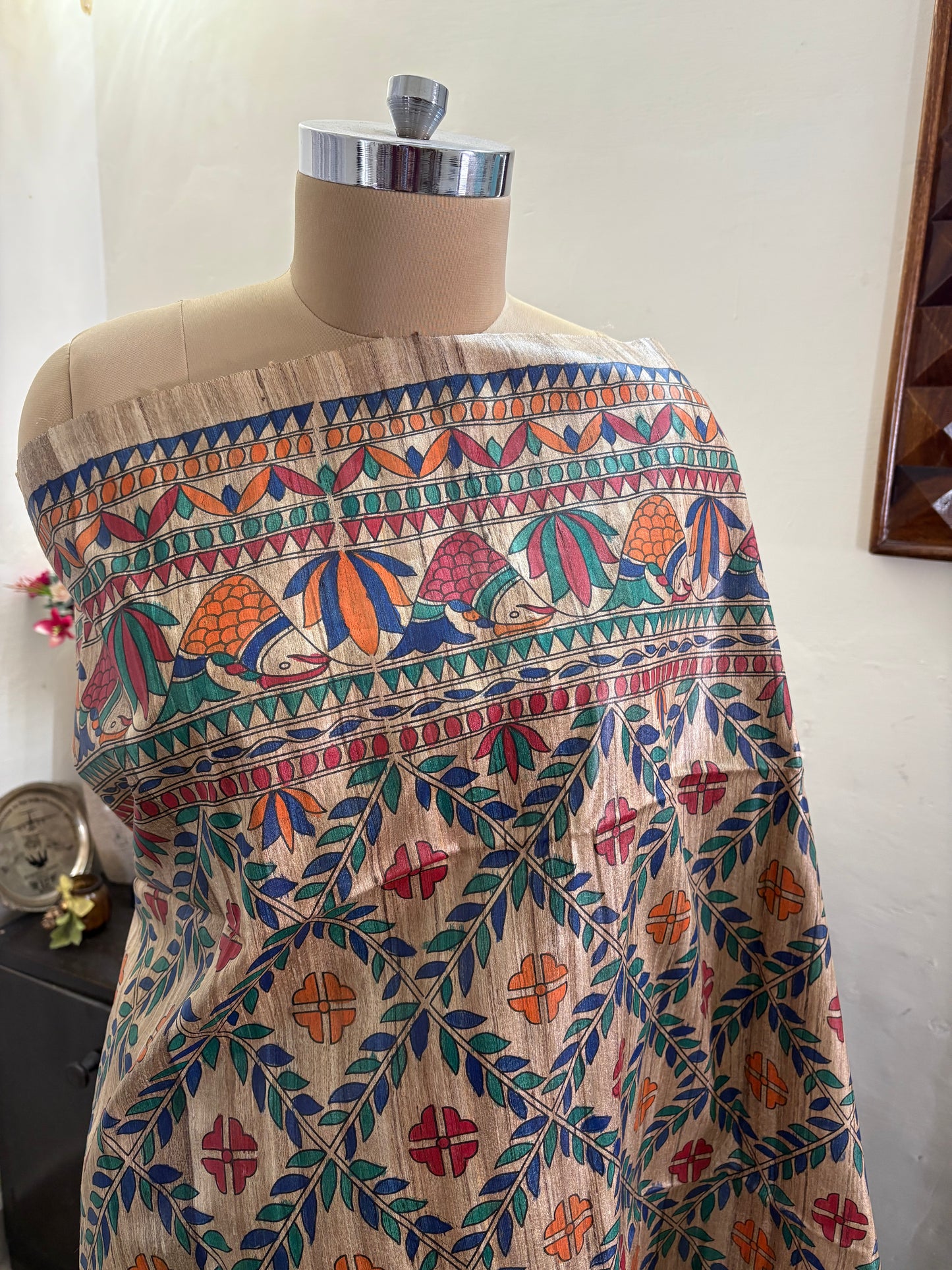 Madhubani hand painted on Gicha tussar silk saree