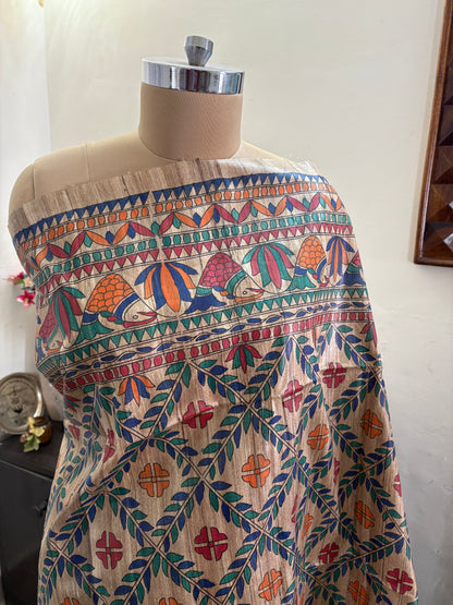 Madhubani hand painted on Gicha tussar silk saree