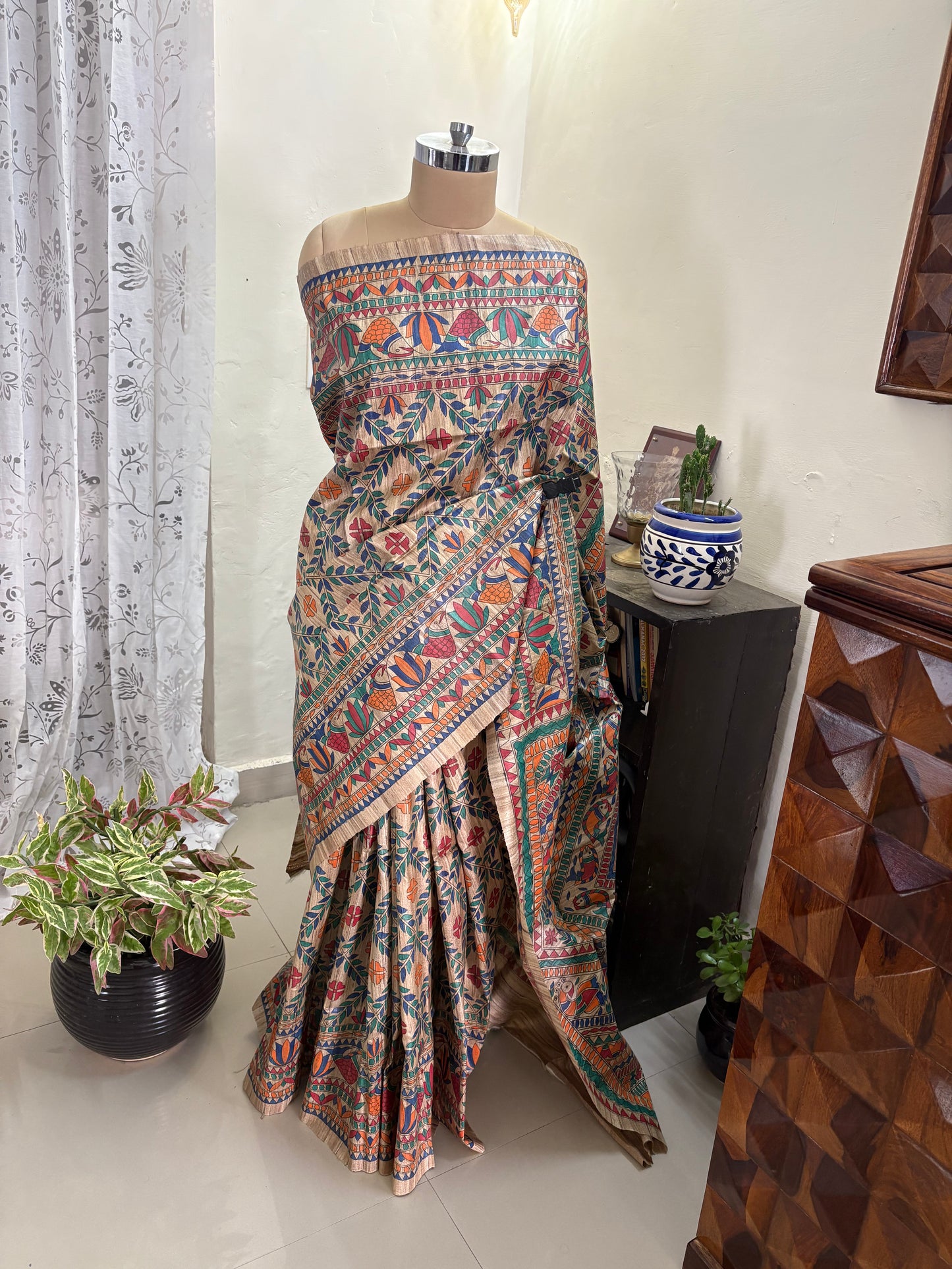 Madhubani hand painted on Gicha tussar silk saree