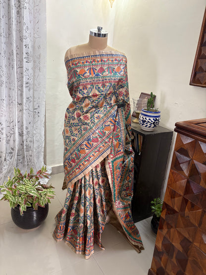 Madhubani hand painted on Gicha tussar silk saree