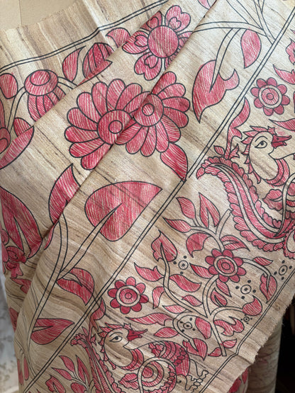 Madhubani handpainted on Gicha tussar silk saree