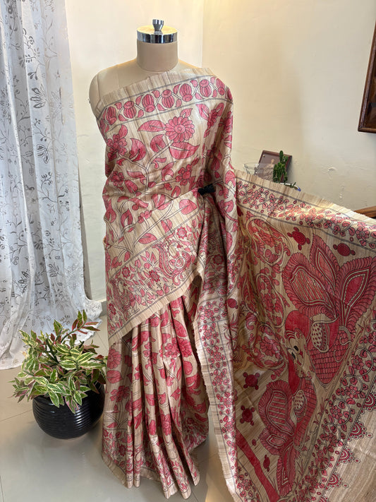 Madhubani handpainted on Gicha tussar silk saree